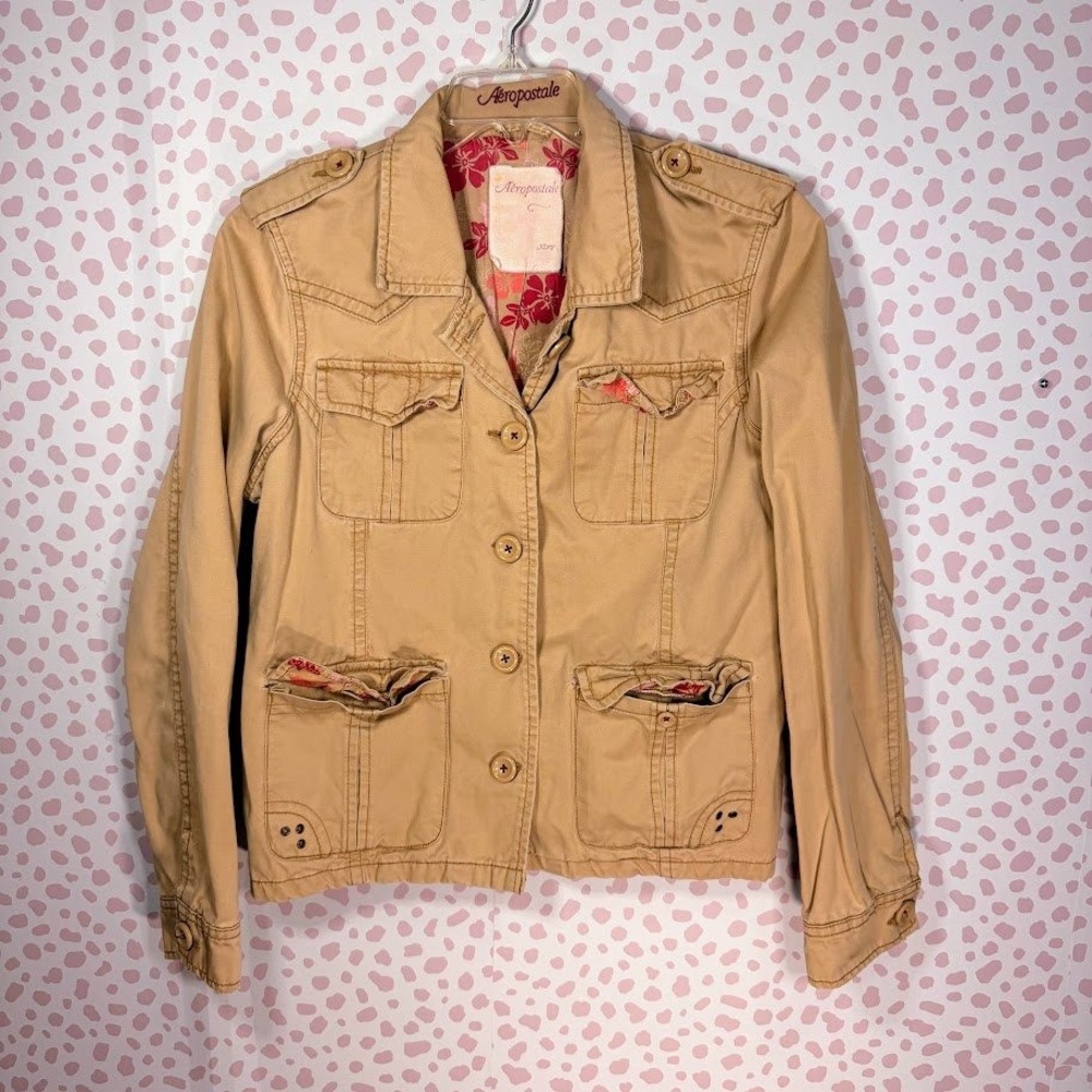 Aeropostale Tan Khaki Utility Jacket Floral Lining Cargo Pockets Women XL Chore